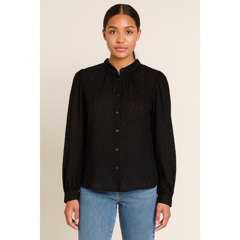 Free People Black Sheer Harringbone Button Down Shirt Womens Large Dark Academia